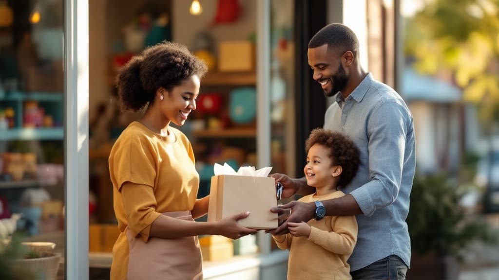 Family picking up toys at a local toy shop
