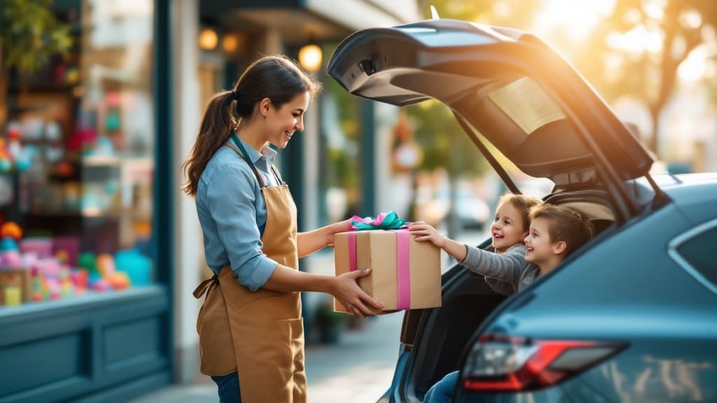 Toy shop staff handing wrapped gift to excited children at curbside