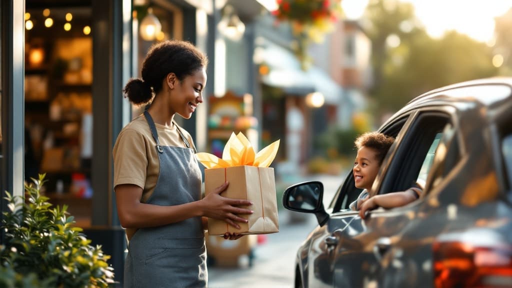 Toy shop employee preparing a curbside order